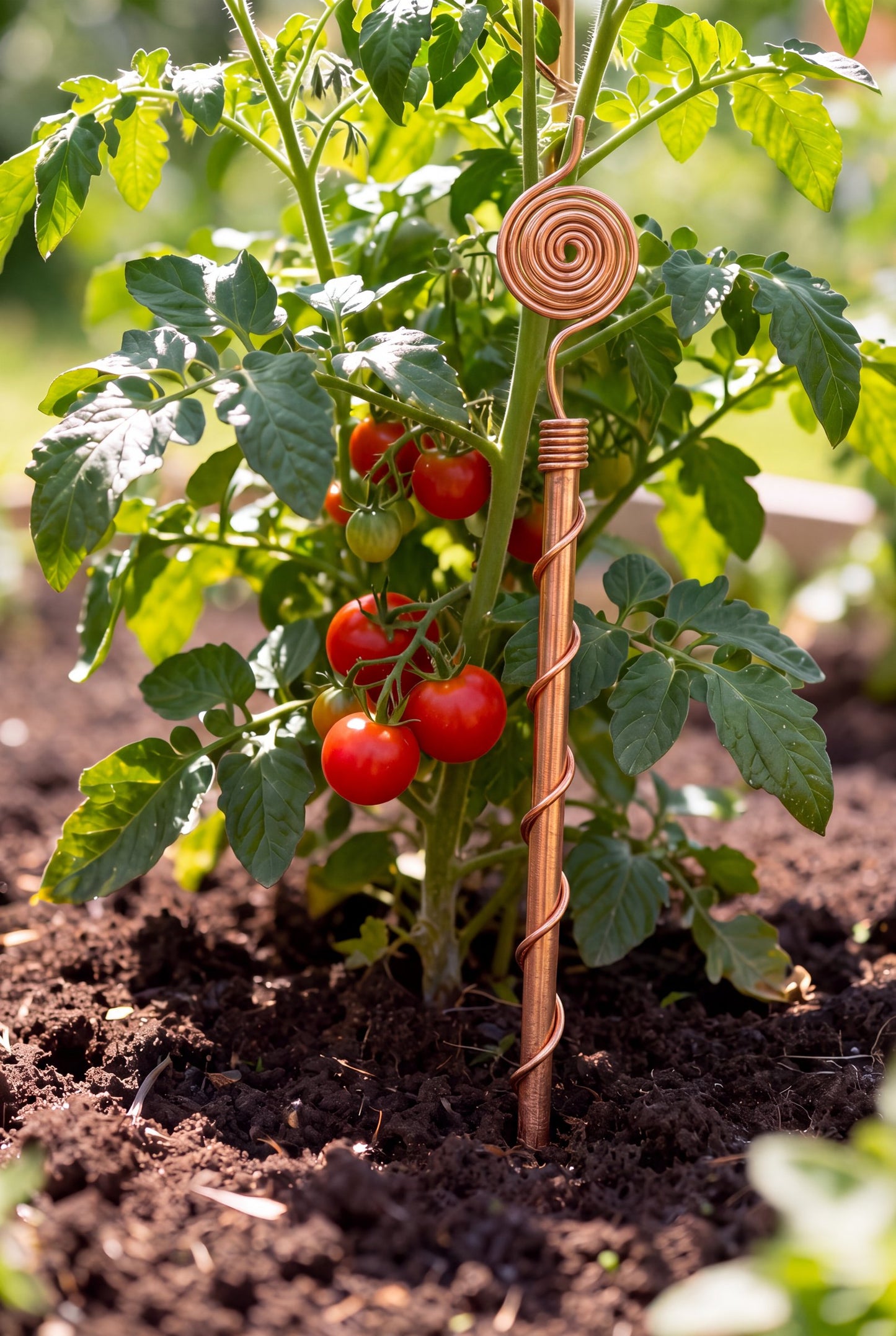 Antenne d'électroculture en cuivre Kopero de 30 cm près d'un plant de tomates dans le potager