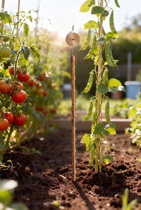 Antenne d'électroculture en cuivre Kopero de 60 cm entre des plants de tomates et de haricots dans le potager